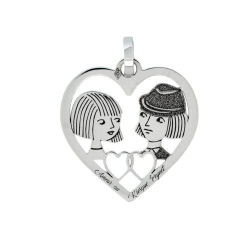 Médaille cœur en gris - Les Amoureux au Kiosque Peynet pendentif romantique