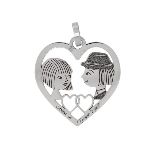 Médaille cœur en or gris - Les Amoureux au Kiosque Peynet pendentif romantique