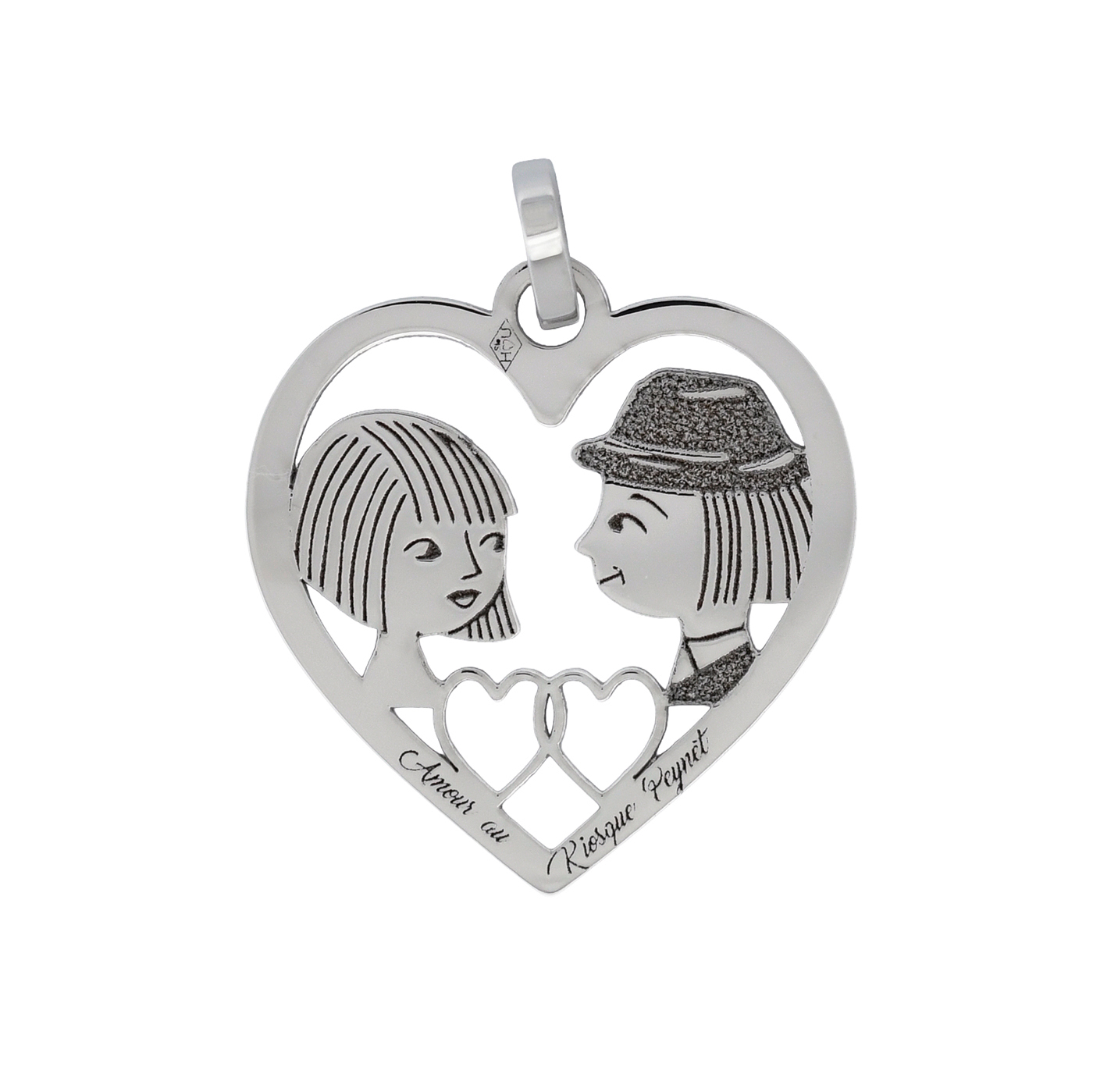 Médaille cœur en or gris - Les Amoureux au Kiosque Peynet pendentif romantique