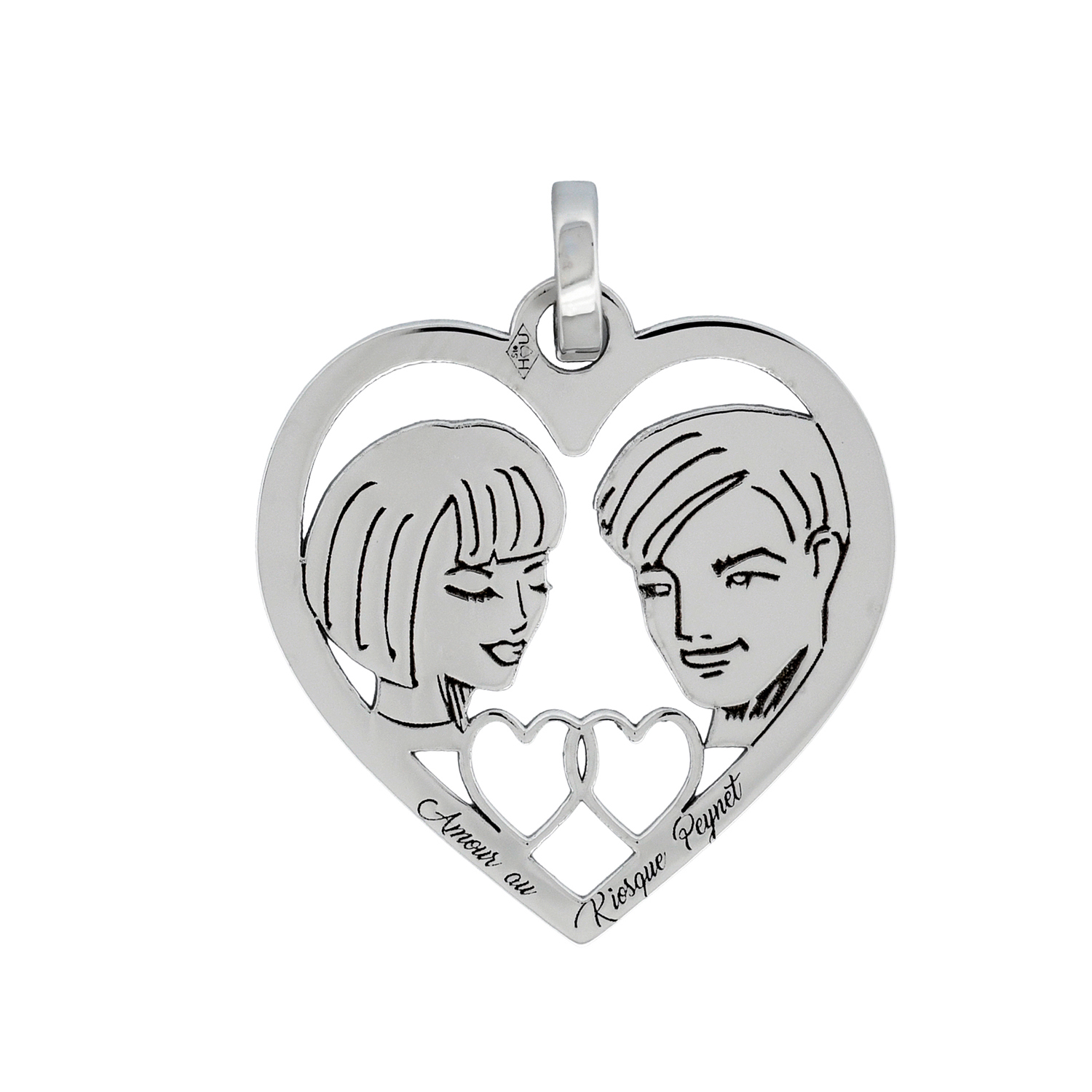 Médaille cœur en or gris - Les Amoureux au Kiosque Peynet pendentif romantique