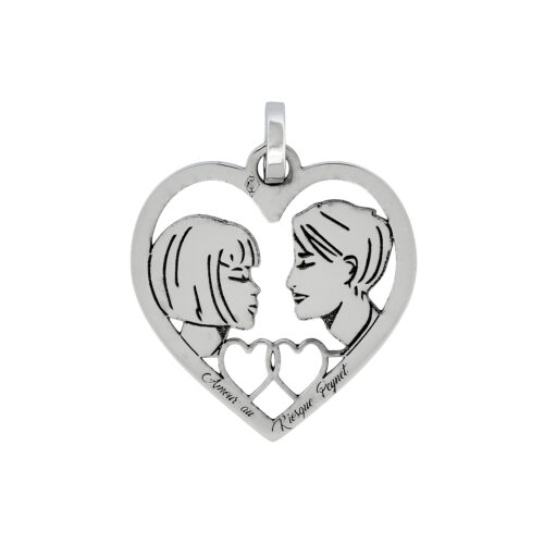 Médaille cœur en or gris - Les Amoureux au Kiosque Peynet pendentif romantique
