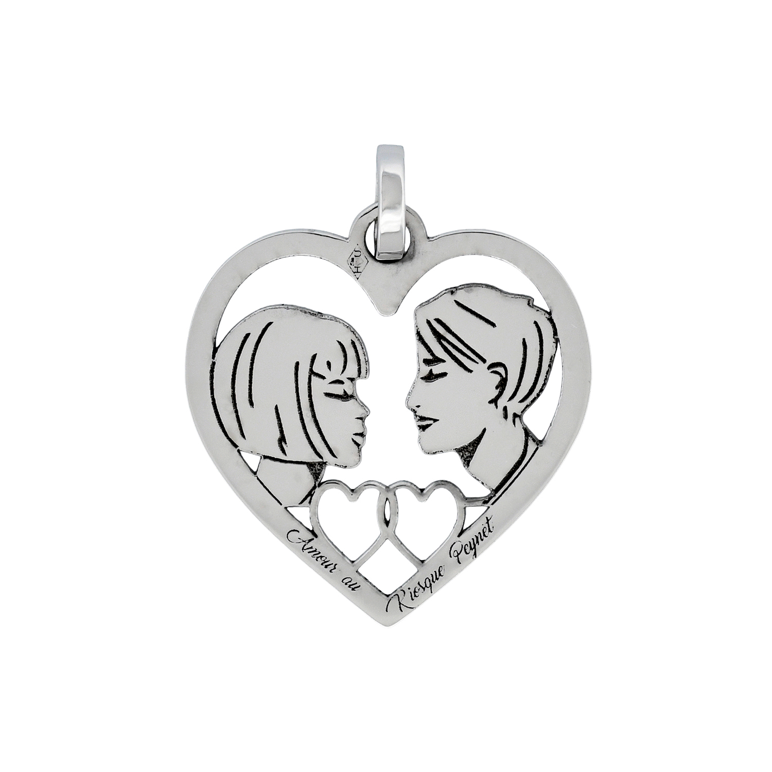 Médaille cœur en or gris - Les Amoureux au Kiosque Peynet pendentif romantique