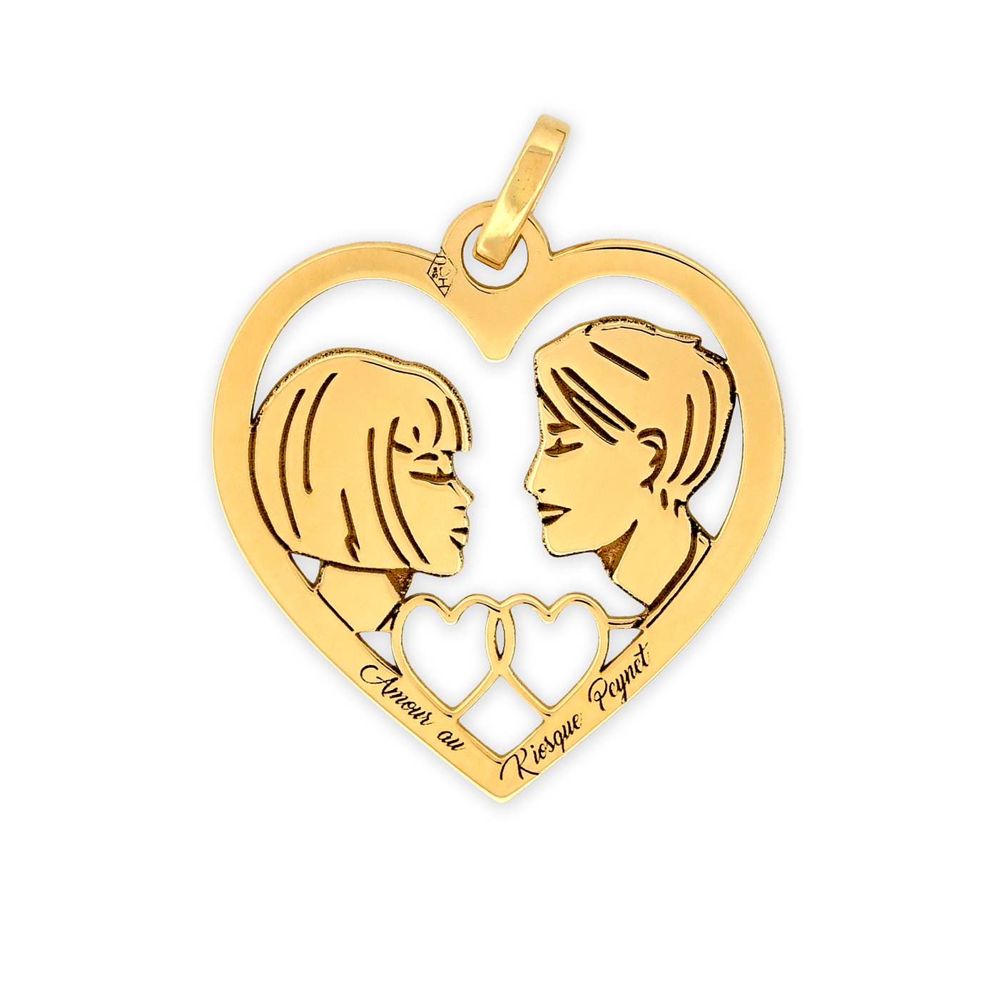 Médaille cœur en or jaune - Les Amoureux au Kiosque Peynet pendentif romantique