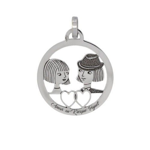 Médaille ronde en or gris - Les Amoureux au Kiosque Peynet pendentif romantique