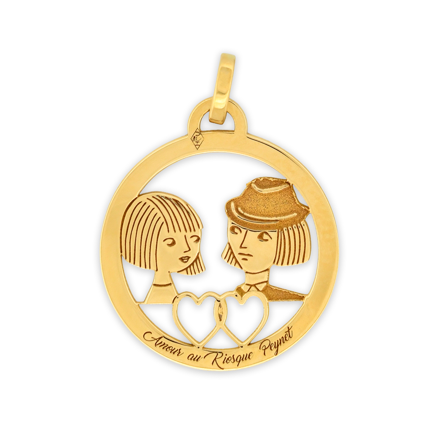 Médaille ronde en or jaune - Les Amoureux au Kiosque Peynet pendentif romantique