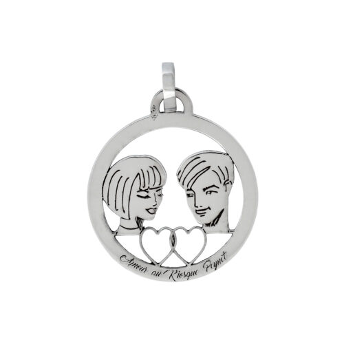 Médaille ronde en or gris - Les Amoureux au Kiosque Peynet pendentif romantique
