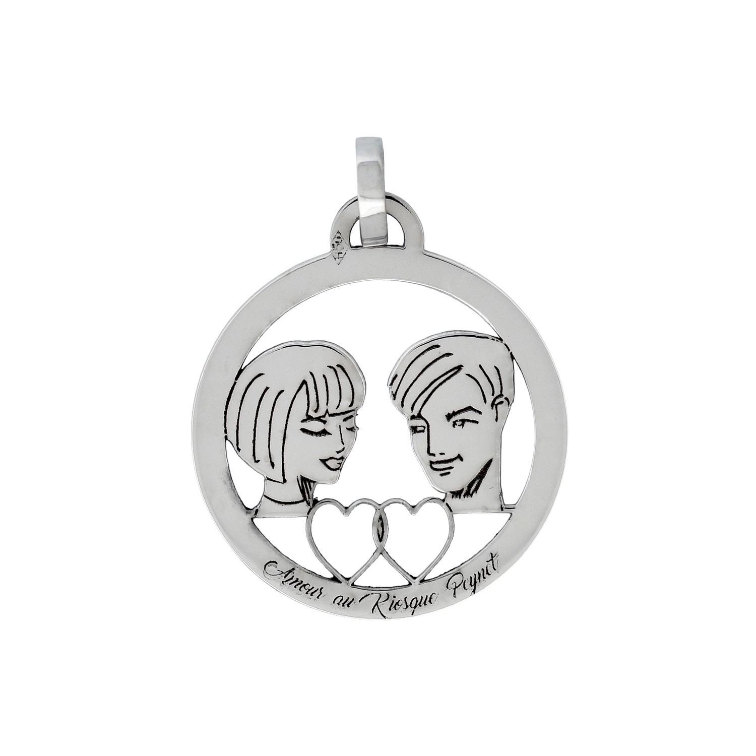 Médaille ronde en or gris - Les Amoureux au Kiosque Peynet pendentif romantique