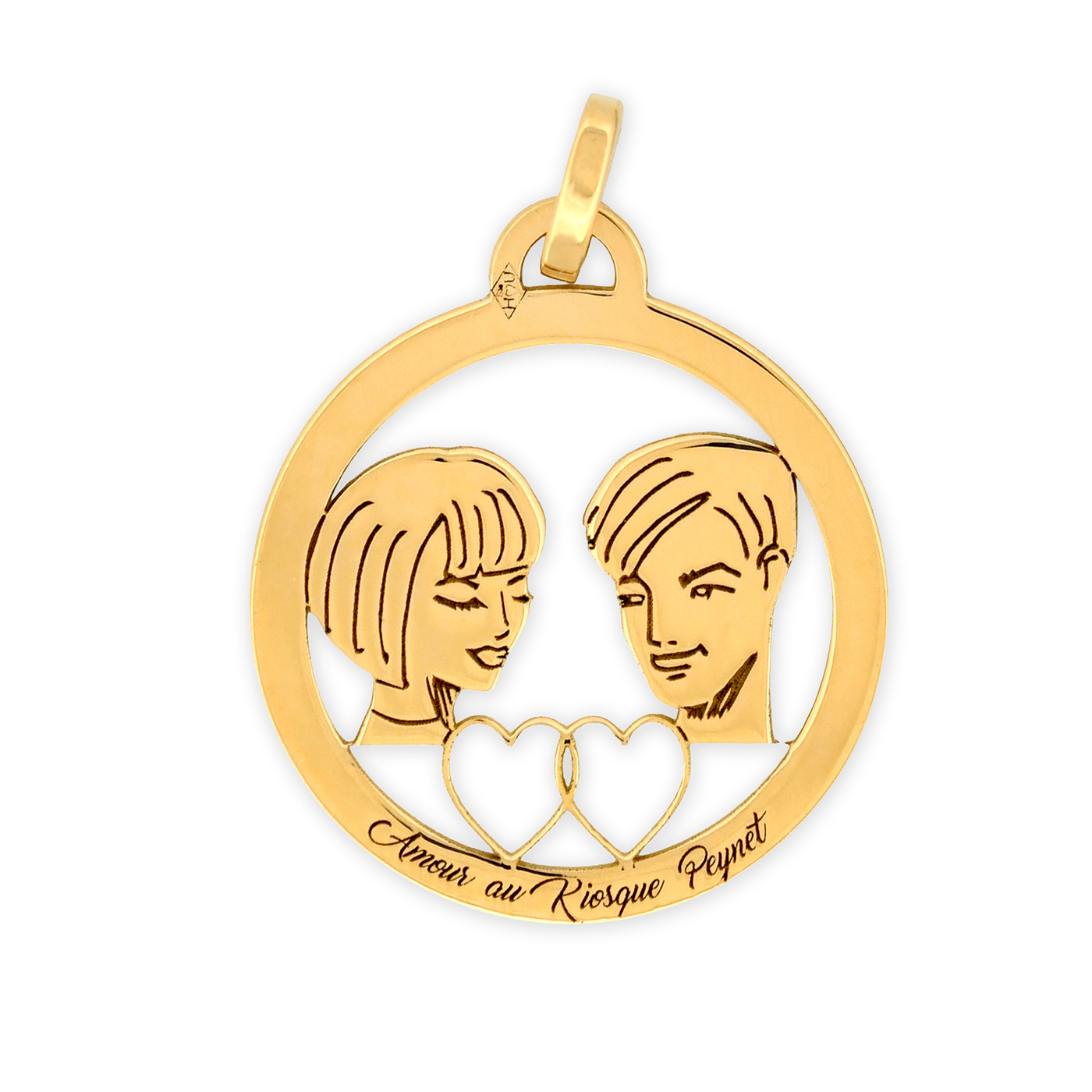 Médaille ronde en or jaune - Les Amoureux au Kiosque Peynet pendentif romantique