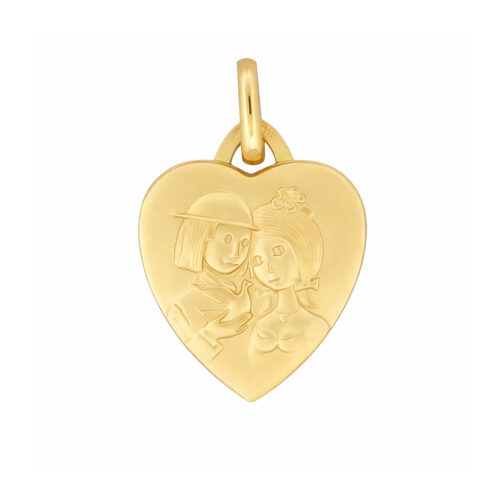 Médaille cœur en or jaune - Les Amoureux au Kiosque Peynet pendentif romantique