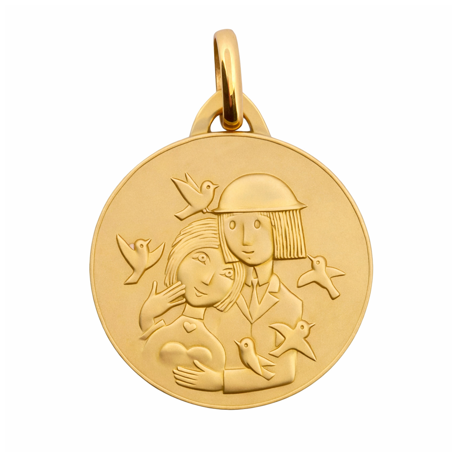 Médaille ronde en or jaune - Les Amoureux au Kiosque Peynet pendentif romantique