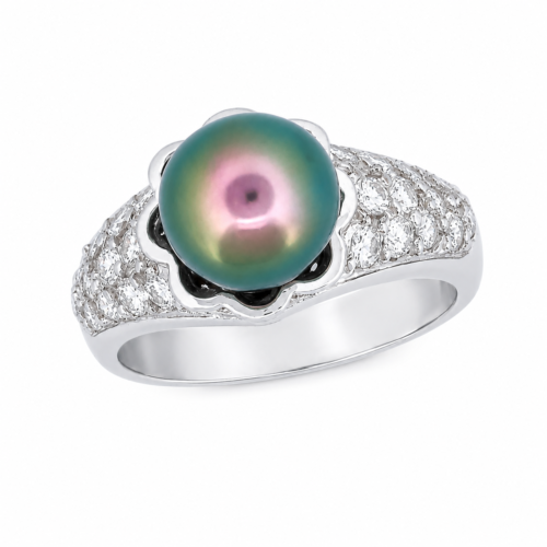 Bague en or gris ornée de perle et de diamants - Les Amoureux au Kiosque Peynet