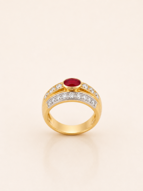 Bague en or jaune sertie d'un rubis et de diamants - Les Amoureux au Kiosque Peynet