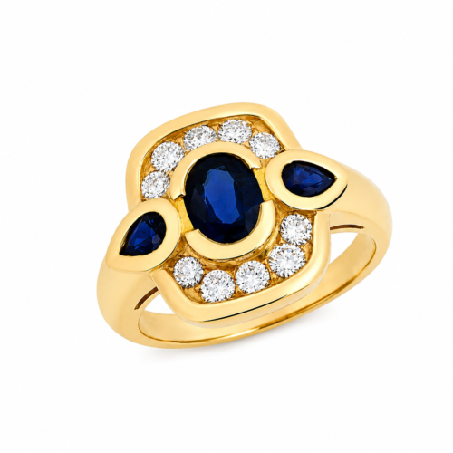 Bague en or jaune sertie de saphirs et de diamants