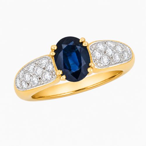 Bague en or jaune sertie d’un saphir et de diamants - Les Amoureux au Kiosque Peynet