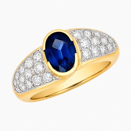 Bague en or jaune sertie d’un saphir et de diamants - Les Amoureux au Kiosque Peynet