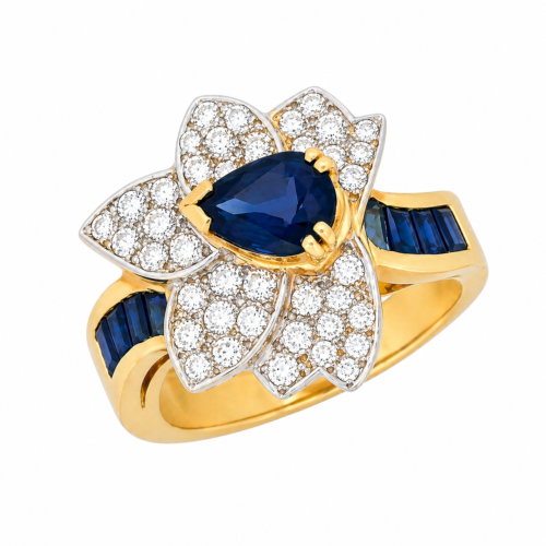Bague en or jaune sertie de saphirs et de diamants - Les Amoureux au Kiosque Peynet