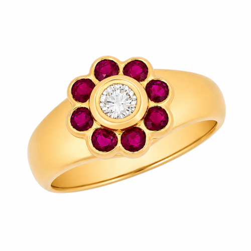 Bague en or jaune sertie de rubis et d’un diamant - Les Amoureux au Kiosque Peynet