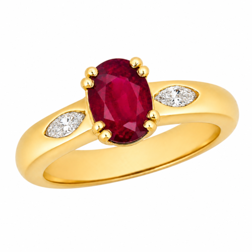 Bague en or jaune sertie d’un rubis et de diamants - Les Amoureux au Kiosque Peynet