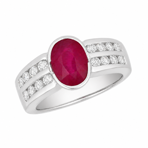 Bague en or gris sertie d'un rubis et de diamants - Les Amoureux au Kiosque Peynet