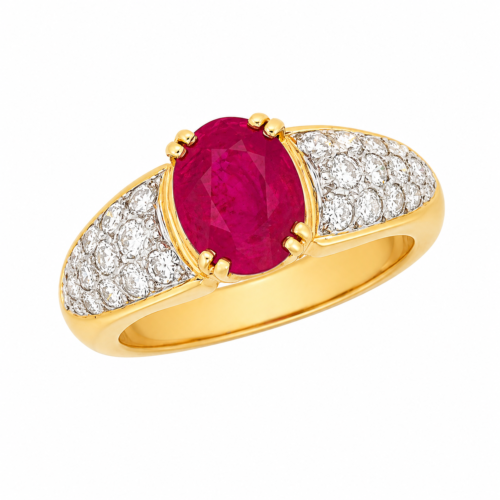 Bague en or jaune sertie de rubis et de diamants - Les Amoureux au Kiosque Peynet