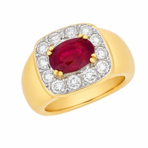 Bague en or jaune sertie de rubis et de diamants - Les Amoureux au Kiosque Peynet