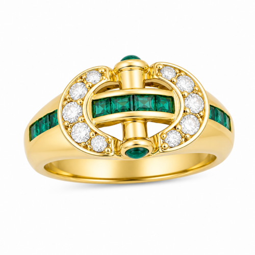 Bague en or jaune sertie de diamants et d’émeraudes - Les Amoureux au Kiosque Peynet
