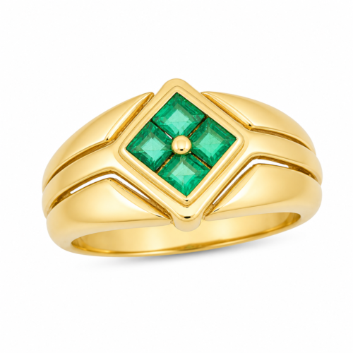 Bague en or jaune avec émeraudes - Les Amoureux au Kiosque Peynet