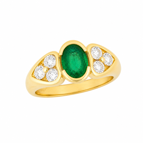 Bague en or jaune sertie de diamants et d’une émeraude - Les Amoureux au Kiosque Peynet