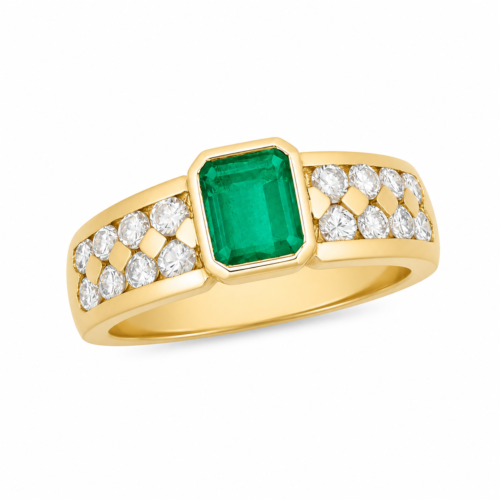 Bague en or jaune sertie de diamants et d’une émeraude - Les Amoureux au Kiosque Peynet